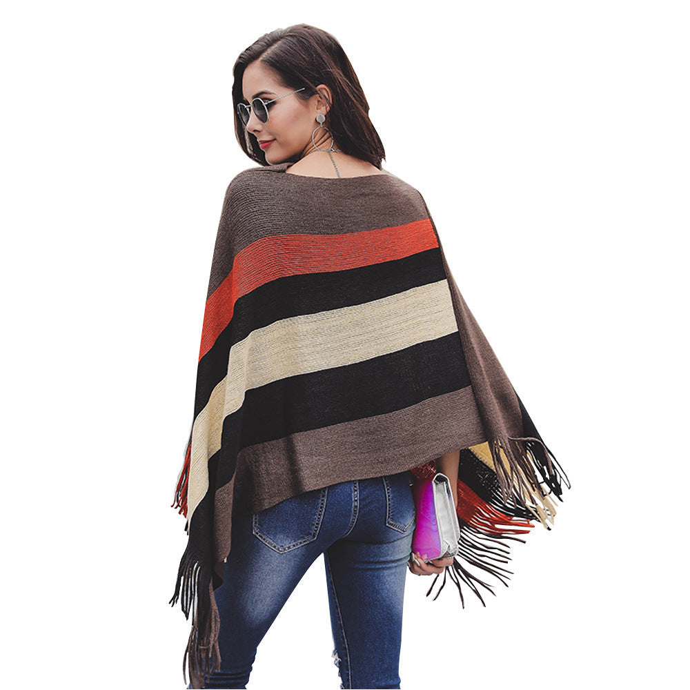 Dame poncho avec franges et motif rayé moderne Chic und Stil