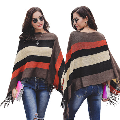 Dame poncho avec franges et motif rayé moderne Chic und Stil