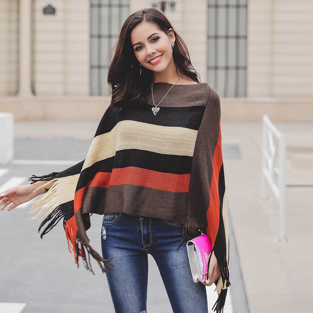 Dame poncho avec franges et motif rayé moderne Chic und Stil