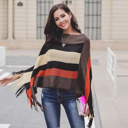 Dame poncho avec franges et motif rayé moderne Chic und Stil