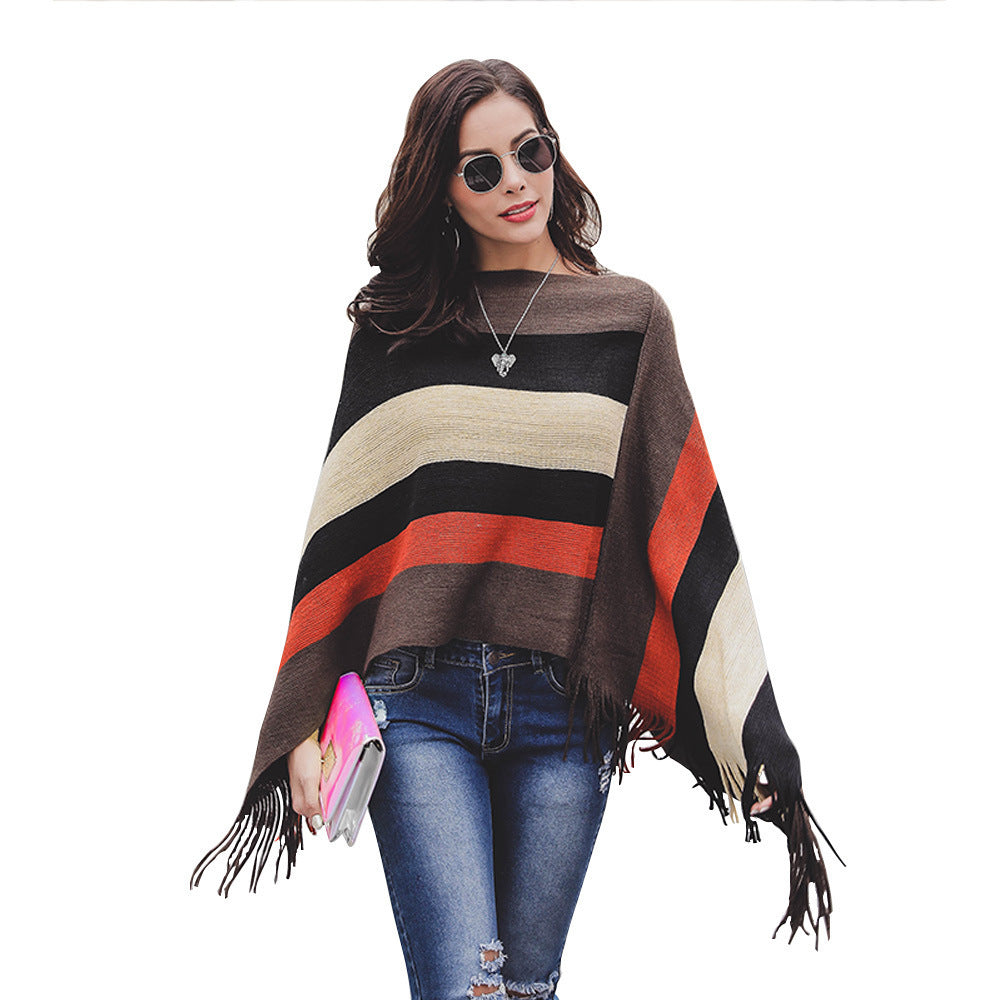 Dame poncho avec franges et motif rayé moderne Chic und Stil