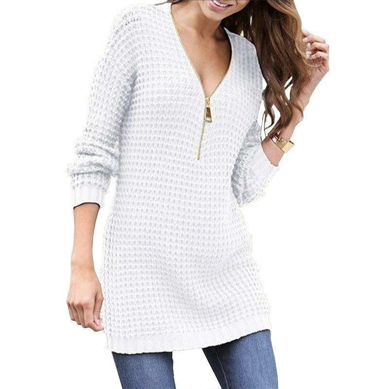 Pull-over femme en tricot avec décolleté en V et fermeture éclair haute Chic und Stil
