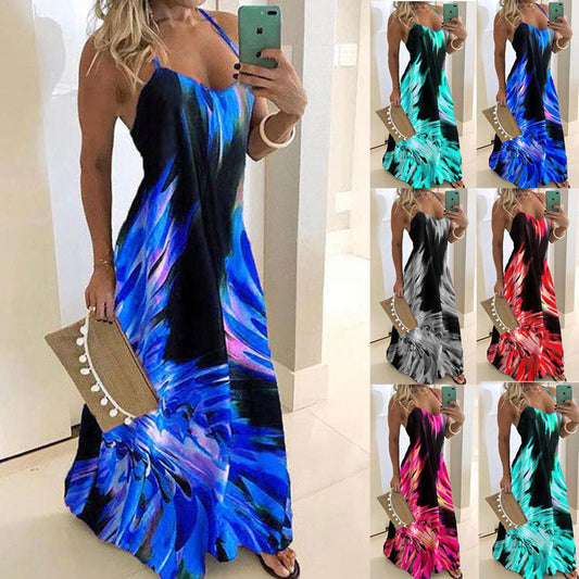 Robe maxi à bretelles pour femmes avec impression abstraite vivante Chic und Stil