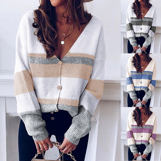 Cardigan en tricot à la mode pour femmes avec décolleté en V et bandes de couleur tendance Chic und Stil
