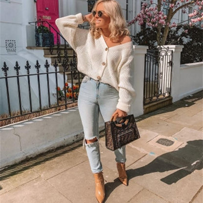 Dames Gros Maille Cardigan avec Décolleté en V et Boutons en Bois Chic und Stil