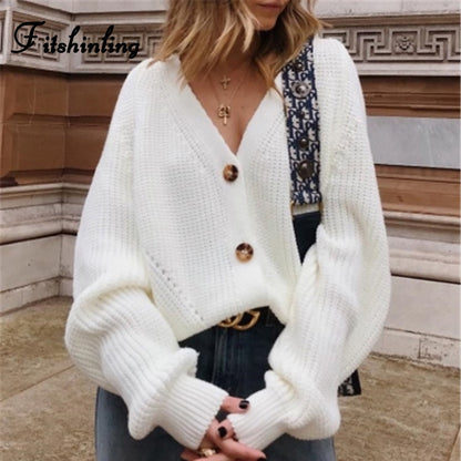 Dames Gros Maille Cardigan avec Décolleté en V et Boutons en Bois Chic und Stil