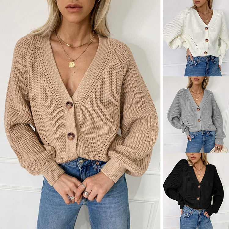 Dames Gros Tricot Cardi avec Décolleté en V Profond et Détails en Boutons en Bois Chic und Stil