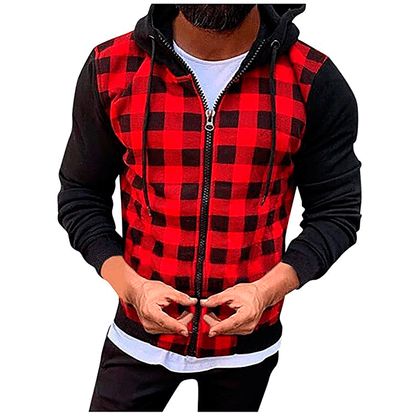 Veste à capuche à motifs carreaux mode pour hommes avec fermeture éclair fonctionnelle et manches contrastantes Chic und Stil