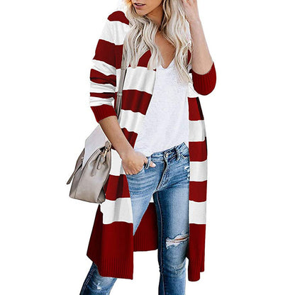 Cardigan long pour femmes avec motif rayé et devant ouvert Chic und Stil