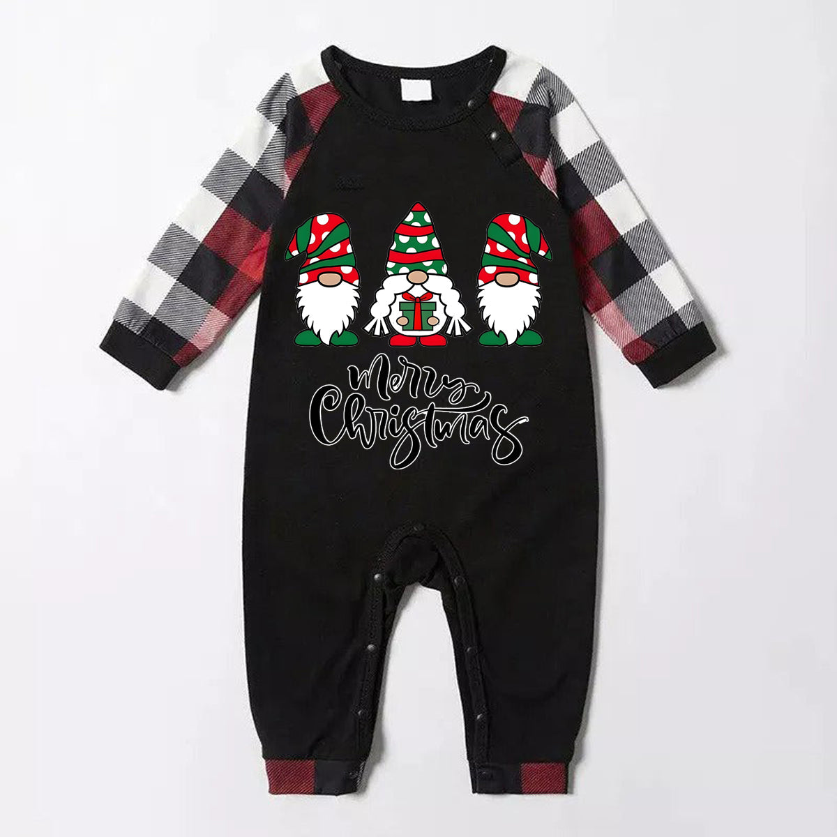 Chic und Stil | Merry Christmas Sweet Gnome Print Casual Long Sleeve Sweatshirts Contrast Tops and Red & Black & White Checked Pants Matching Family Pajama Set with Dog Bandana
