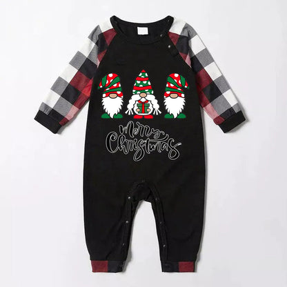 Chic und Stil | Merry Christmas Sweet Gnome Print Casual Long Sleeve Sweatshirts Contrast Tops and Red & Black & White Checked Pants Matching Family Pajama Set with Dog Bandana