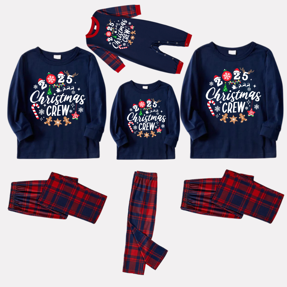 Chic und Stil | "2025 Santa Crew" Text and Santa Hat Prints Blue Long Sleeve Top with Red and Blue Checkered Pants Christmas Matching Pyjamas