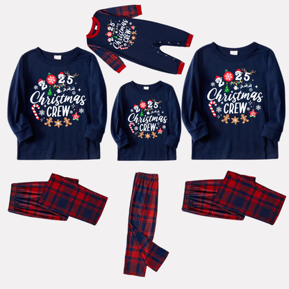 Chic und Stil | "2025 Santa Crew" Text and Santa Hat Prints Blue Long Sleeve Top with Red and Blue Checkered Pants Christmas Matching Pyjamas