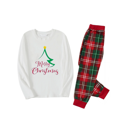 Chic und Stil | Star Shaped Christmas Tree with "Merry Christmas" in artistic writing White long sleeve shirt with red and green checkered pants Matching pajamas for the whole family