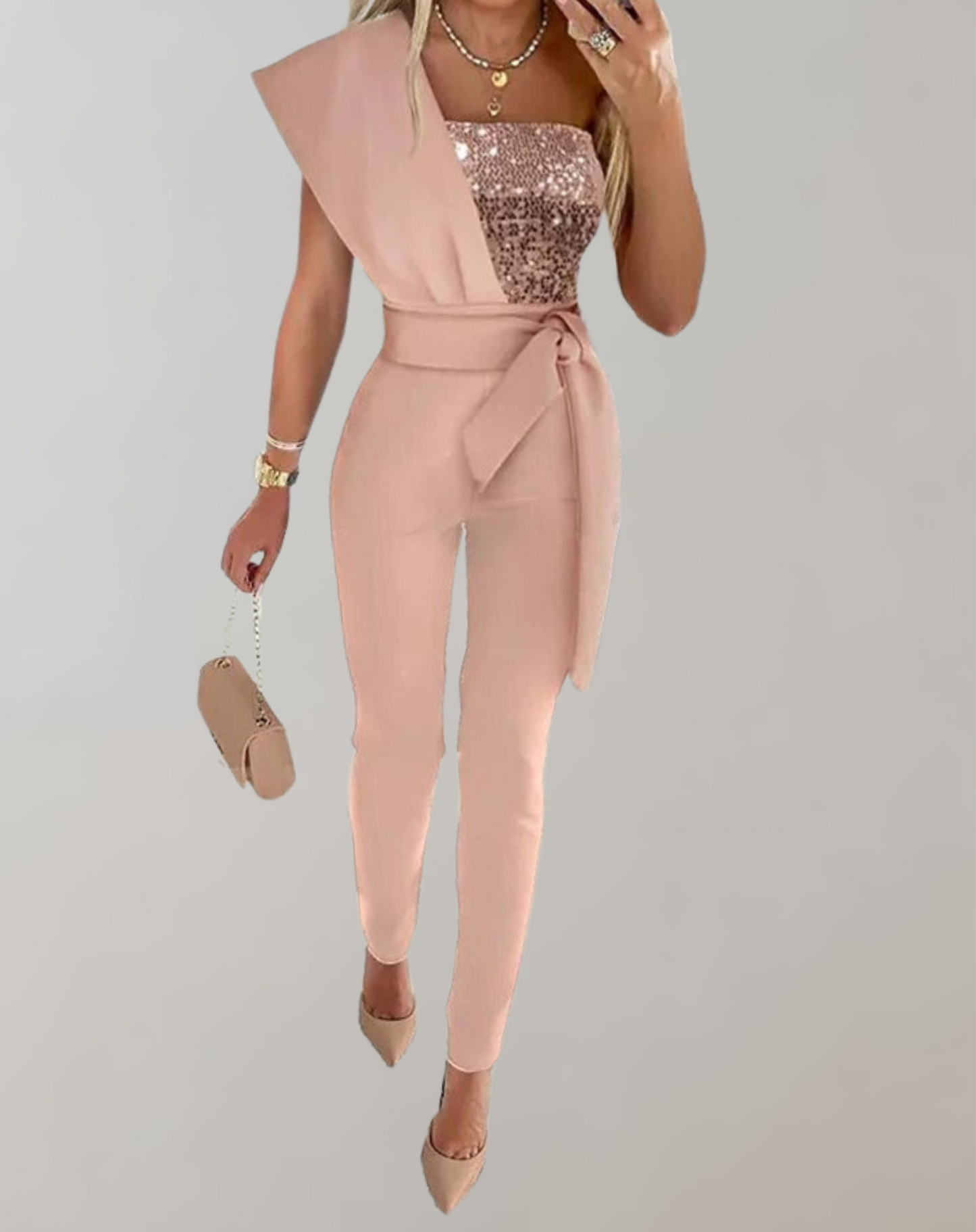 Chic und Stil | Luxurious Overall with Bow Belt and Sparkling Details