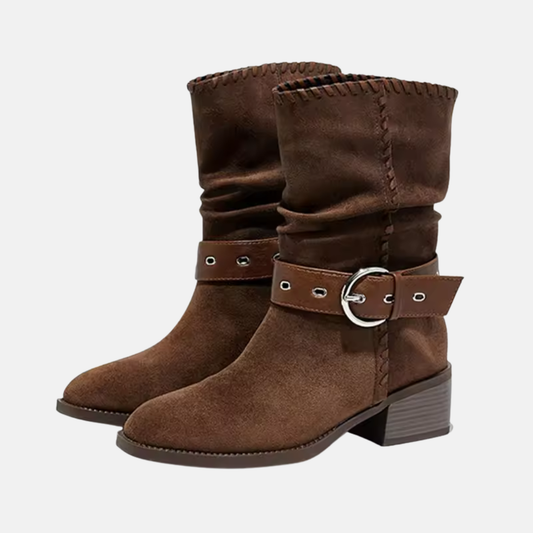 Chic und Stil | Boots - Faux Suede - Mid-Calf Slouchy Shaft - Almond Toe - Block Heel