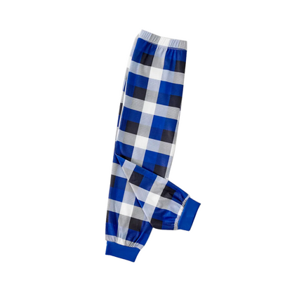 Chic und Stil | Christmas Jesus White Letters Print Contrast Blue Long Sleeve Shirt with Blue and White Checkered Pants Family Matching Pajamas