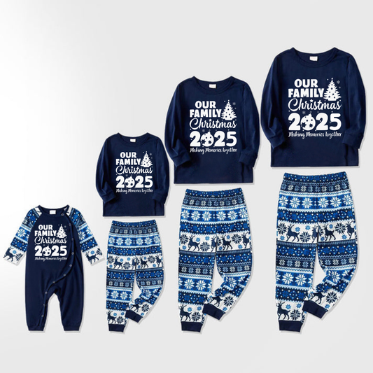 Chic und Stil | Our Family Christmas 2025 Creating Memories Together' Letter Print Long Sleeve Blue With Pants Blue Flowers Coordinated Family Pajama Sets