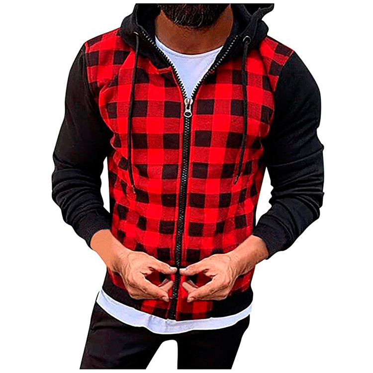 Veste à capuche à motifs carreaux mode pour hommes avec fermeture éclair fonctionnelle et manches contrastantes Chic und Stil