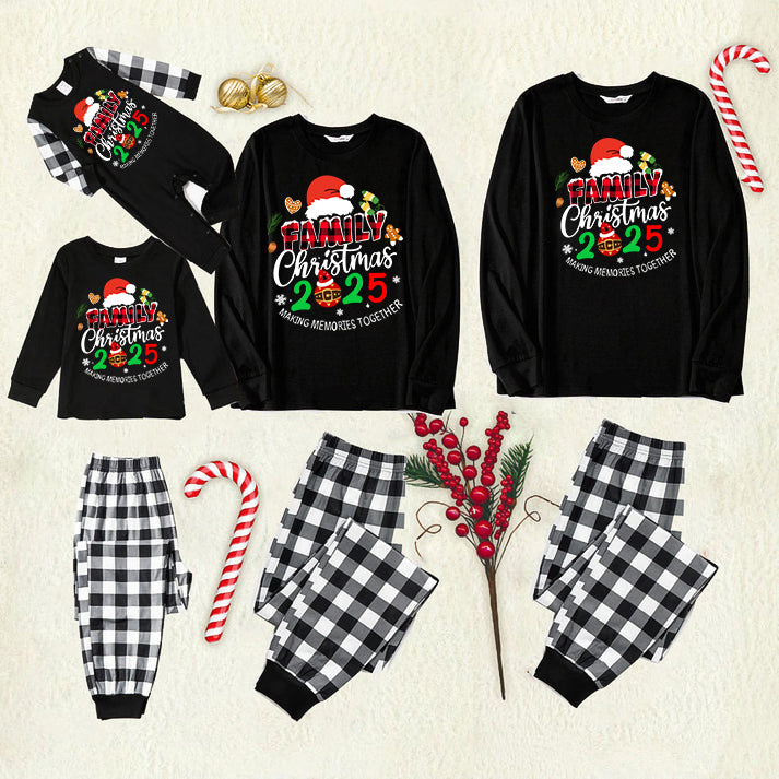 Chic und Stil | Christmas Family 2025 Create memories together Long sleeve black text print T-shirt with black and white checkered pants Matching family pajamas