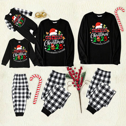 Chic und Stil | Christmas Family 2025 Create memories together Long sleeve black text print T-shirt with black and white checkered pants Matching family pajamas
