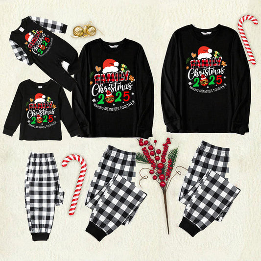 Chic und Stil | Christmas Family 2025 Create memories together Long sleeve black text print T-shirt with black and white checkered pants Matching family pajamas