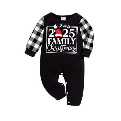 Chic und Stil | "2025 FAMILY CHRISTMAS" text and sled pattern - Black long sleeve top with black and white checkered pants family matching pajamas
