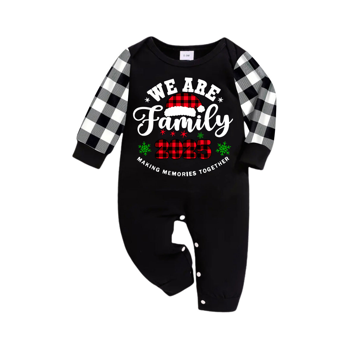 Chic und Stil | "We are Family2025" Santa Hat Monogram Print Black Long Sleeve Shirt with Black and White Checkered Pants Family Matching Pajamas
