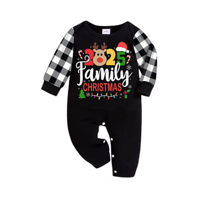 Chic und Stil | "Family Christmas 2025" Text and Deer Print Black Long Sleeve Top with Black and White Checked Pants Family Matching Pajamas
