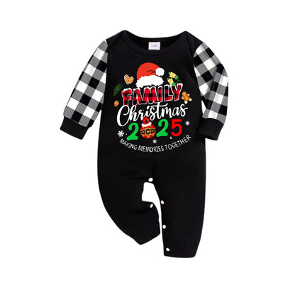 Chic und Stil | Christmas Family 2025 Create memories together Long sleeve black text print T-shirt with black and white checkered pants Matching family pajamas