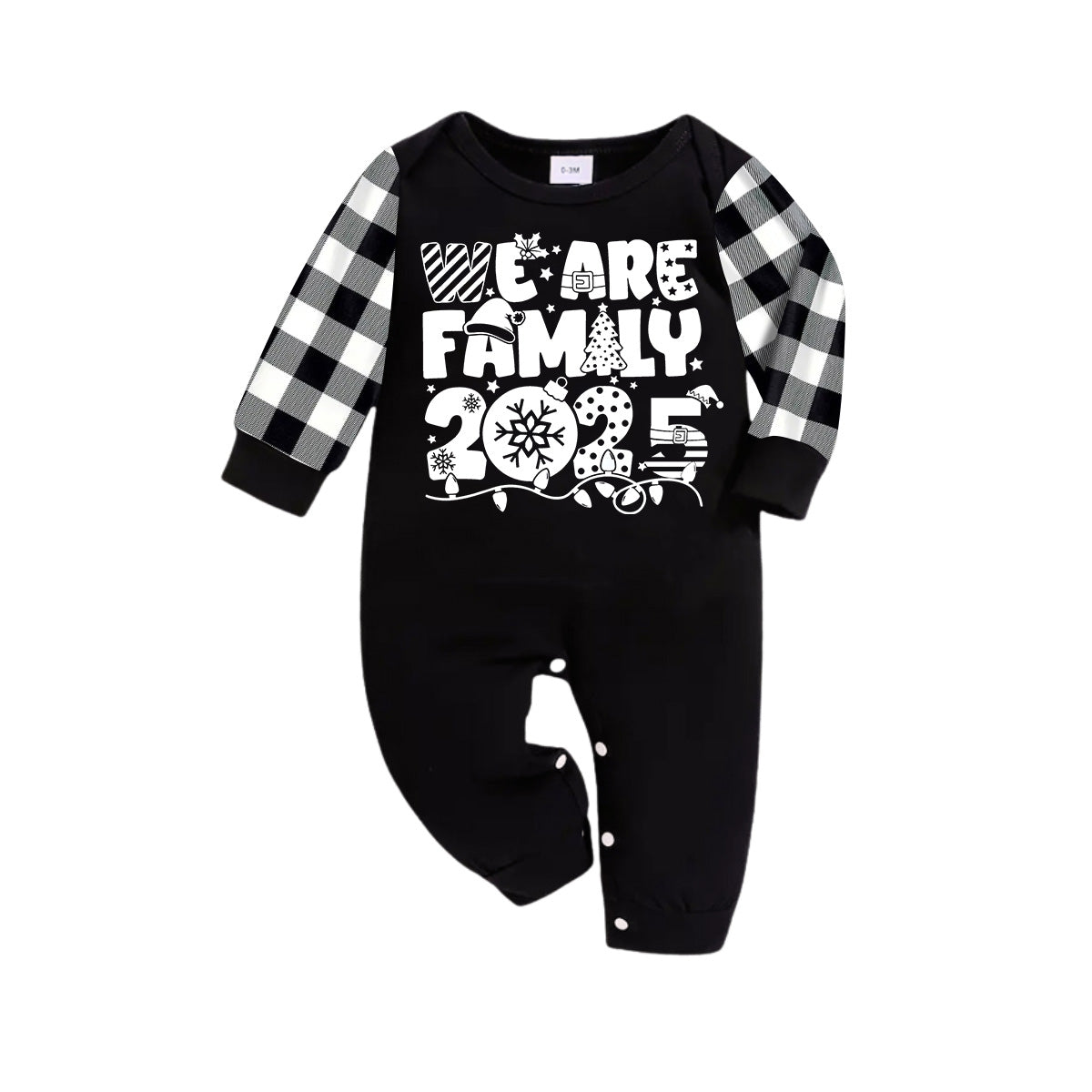 Chic und Stil | "We are Family 2025" White Letter Print Black Long Sleeve Top with Black and White Cropped Pants Family Set Pajamas
