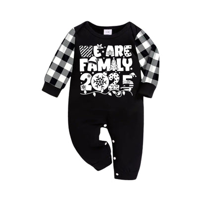 Chic und Stil | "We are Family 2025" White Letter Print Black Long Sleeve Top with Black and White Cropped Pants Family Set Pajamas