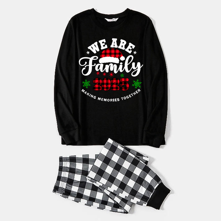 Chic und Stil | "We are Family2025" Santa Hat Monogram Print Black Long Sleeve Shirt with Black and White Checkered Pants Family Matching Pajamas
