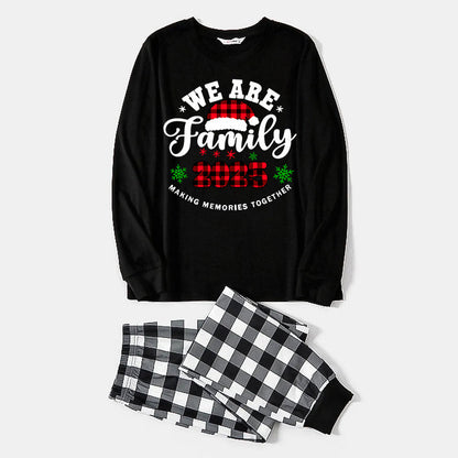 Chic und Stil | "We are Family2025" Santa Hat Monogram Print Black Long Sleeve Shirt with Black and White Checkered Pants Family Matching Pajamas