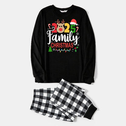 Chic und Stil | "Family Christmas 2025" Text and Deer Print Black Long Sleeve Top with Black and White Checked Pants Family Matching Pajamas