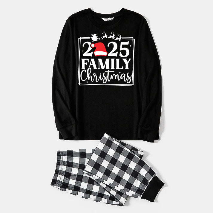 Chic und Stil | "2025 FAMILY CHRISTMAS" text and sled pattern - Black long sleeve top with black and white checkered pants family matching pajamas