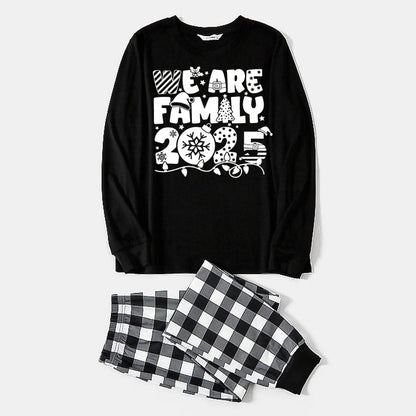 Chic und Stil | "We are Family 2025" White Letter Print Black Long Sleeve Top with Black and White Cropped Pants Family Set Pajamas