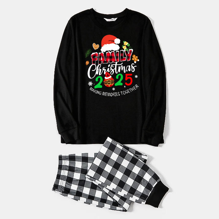 Chic und Stil | Christmas Family 2025 Create memories together Long sleeve black text print T-shirt with black and white checkered pants Matching family pajamas