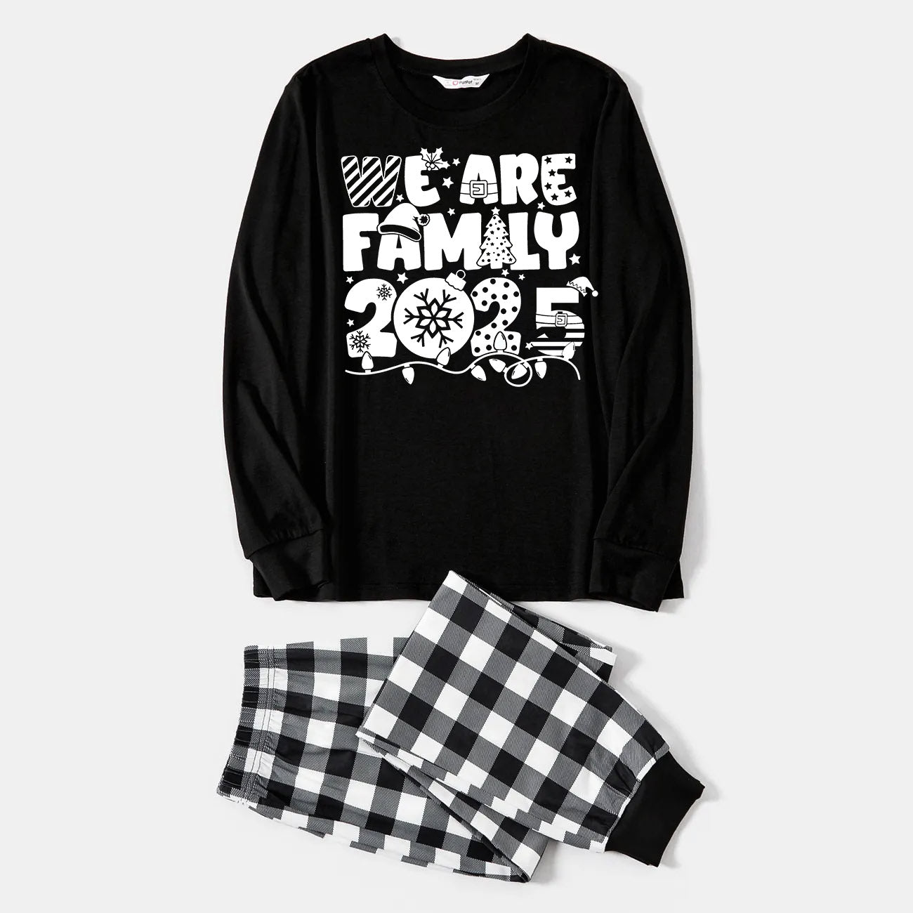 Chic und Stil | "We are Family 2025" White Letter Print Black Long Sleeve Top with Black and White Cropped Pants Family Set Pajamas