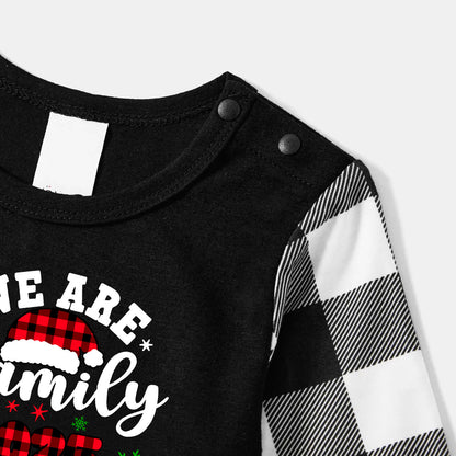 Chic und Stil | "We are Family2025" Santa Hat Monogram Print Black Long Sleeve Shirt with Black and White Checkered Pants Family Matching Pajamas