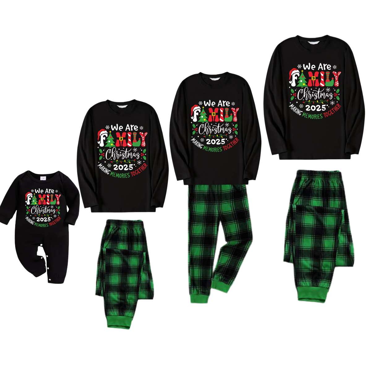 Chic und Stil | "We are family" 2025 Christmas wreath - Black long sleeve shirt with black and green checkered pants family matching pajamas