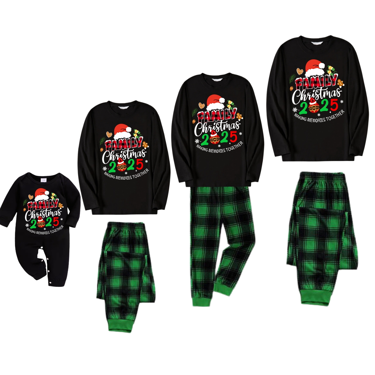 Chic und Stil | "Shared Memories Christmas 2025" Print Black and Green Checked Pants Family Matching Pajamas