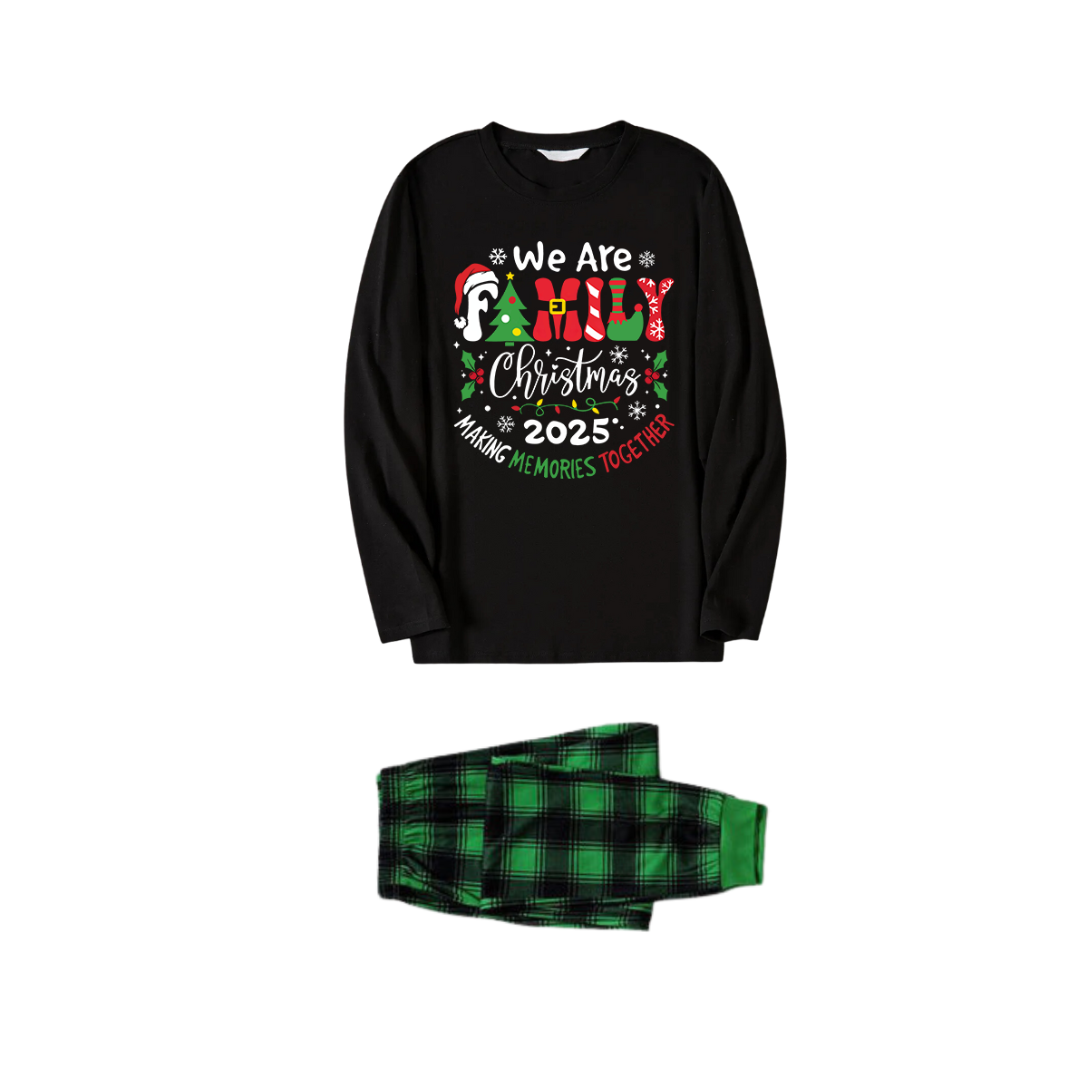 Chic und Stil | "We are family" 2025 Christmas wreath - Black long sleeve shirt with black and green checkered pants family matching pajamas