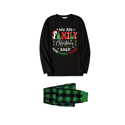 Chic und Stil | "We are family" 2025 Christmas wreath - Black long sleeve shirt with black and green checkered pants family matching pajamas