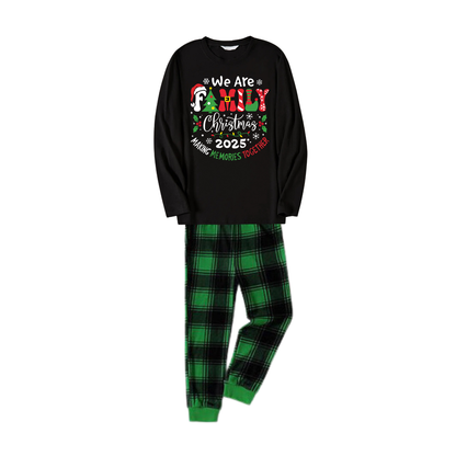 Chic und Stil | "We are family" 2025 Christmas wreath - Black long sleeve shirt with black and green checkered pants family matching pajamas