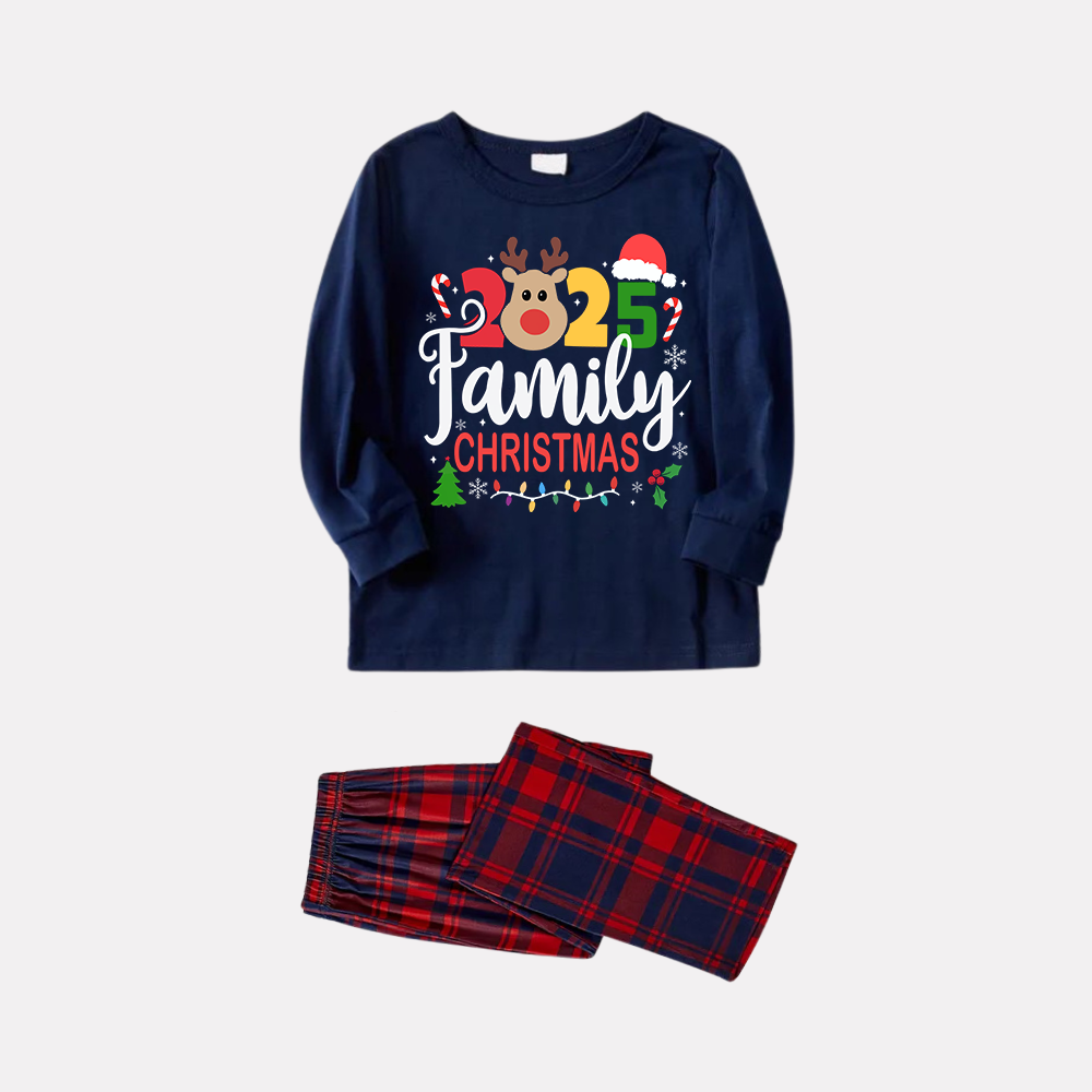 Chic und Stil | "Family Christmas 2025" Text and Deerprints Blue Long Sleeve Shirt with Red-Blue Checked Pants Christmas Matching Pajamas