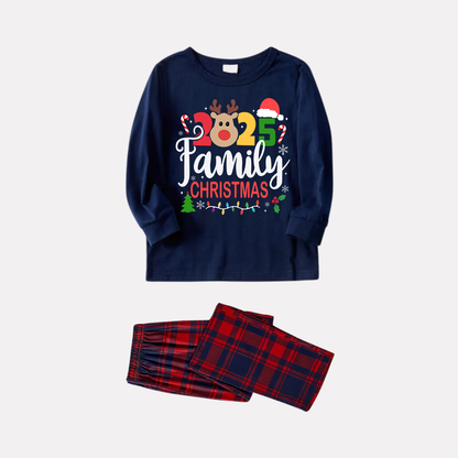 Chic und Stil | "Family Christmas 2025" Text and Deerprints Blue Long Sleeve Shirt with Red-Blue Checked Pants Christmas Matching Pajamas