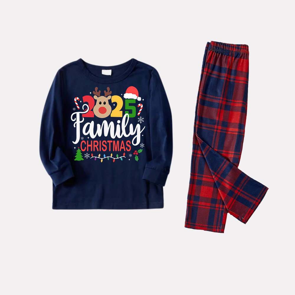 Chic und Stil | "Family Christmas 2025" Text and Deerprints Blue Long Sleeve Shirt with Red-Blue Checked Pants Christmas Matching Pajamas