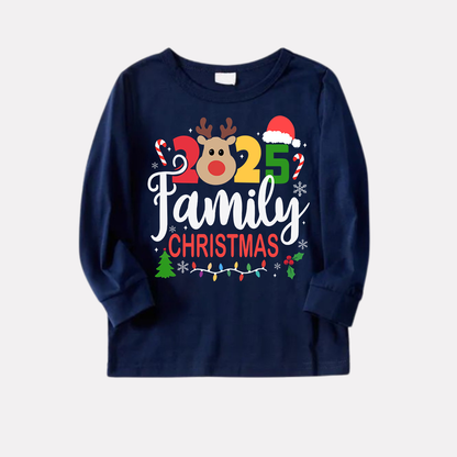 Chic und Stil | "Family Christmas 2025" Text and Deerprints Blue Long Sleeve Shirt with Red-Blue Checked Pants Christmas Matching Pajamas