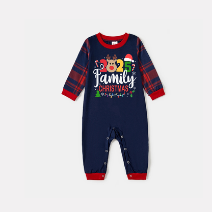 Chic und Stil | "Family Christmas 2025" Text and Deerprints Blue Long Sleeve Shirt with Red-Blue Checked Pants Christmas Matching Pajamas